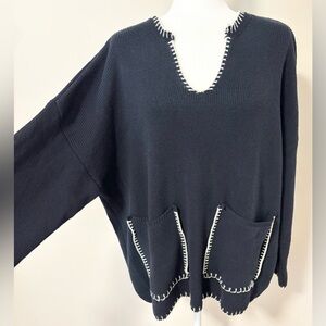 Zara Black V-Neck Sweater with White Stitching